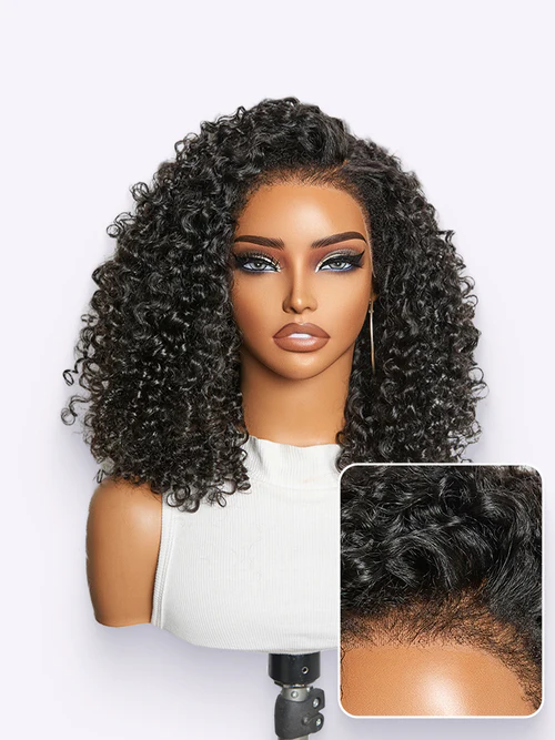 180 Density 4C Kinky Edges Jet Black Burmese Curly Glueless Ear To Ear Wide T Pre Cut Lace Front Wig Flexi Fit Drawstring Cap