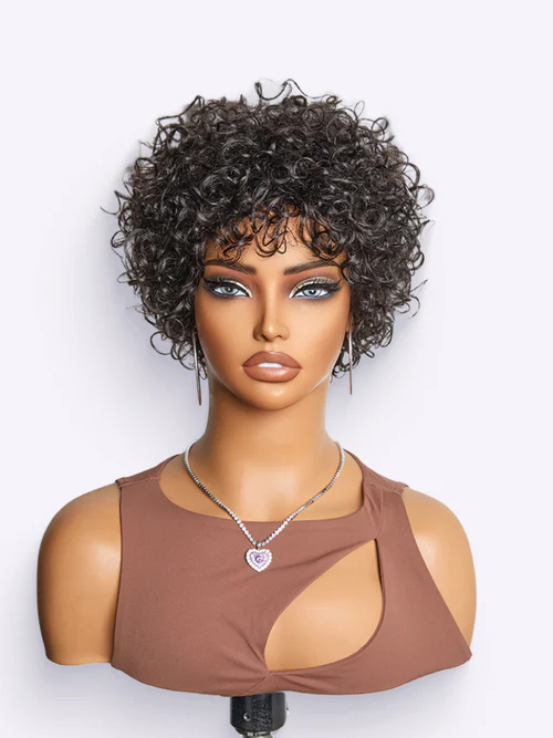 Beginner Friendly Throw On Go Short Bouncy Curls With Bangs Glueless Wig 100 Human Hair1
