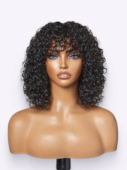 Beginner Friendly Water Wave Minimalist Lace Glueless Short Curly Wig With Bangs
