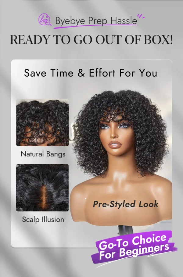 Beginner Friendly Water Wave Minimalist Lace Glueless Short Curly Wig With Bangs1 600x907