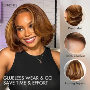 Limited Design-Toffee Brown Mix Blonde Natural Black Layered Cut Glueless 5x5 Closure Lace Bob Wig - Image 3