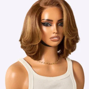 Limited Design-Toffee Brown Mix Blonde Natural Black Layered Cut Glueless 5x5 Closure Lace Bob Wig - Image 1