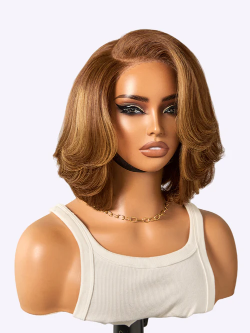 Limited Design Toffee Brown Mix Blonde Natural Black Layered Cut Glueless 5x5 Closure Lace Bob Wig