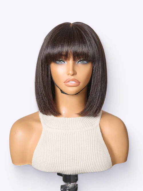 Put On And Go Realistic Glueless Yaki Straight Bob With Bangs Minimalist Lace Wig 100 Human Hair