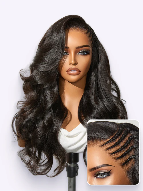 Readitress™ Side Braided Yaki Body Wave Glueless Ear To Ear 13x6 Frontal HD Lace Wig Human Hair Flexi Fit Drawstring Cap