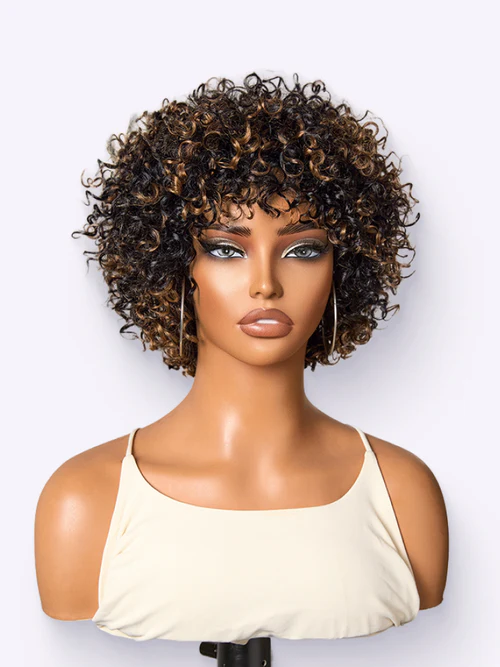 Throw On Go Brown Highlight Short Curly With Bangs Wig Ultra Comfort Skin Like Soft Care Glueless Hair Loss Friendly Wig