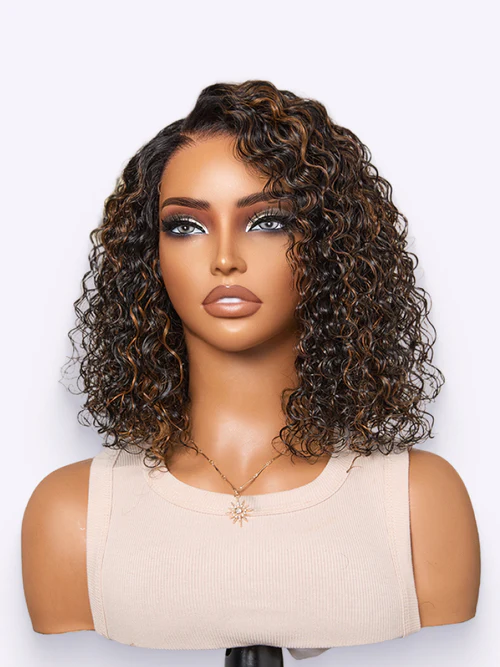 Wet And Wavy Brown Highlight Glueless 5x5 Closure Pre Cut Lace Water Wave Wig